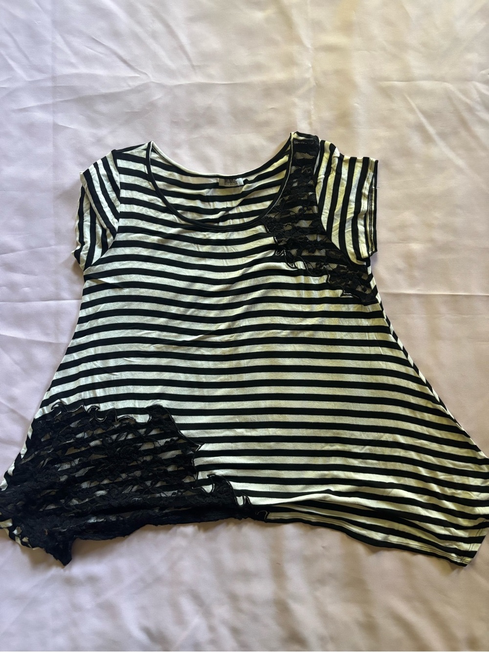 Monroe & Main Black and White Striped Short Sleeve Tee with Lace Accents
